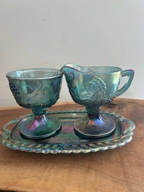 Vtg Indiana Glass Blue Carnival Harvest Grape 3 Pc Cream & Sugar Set with Tray